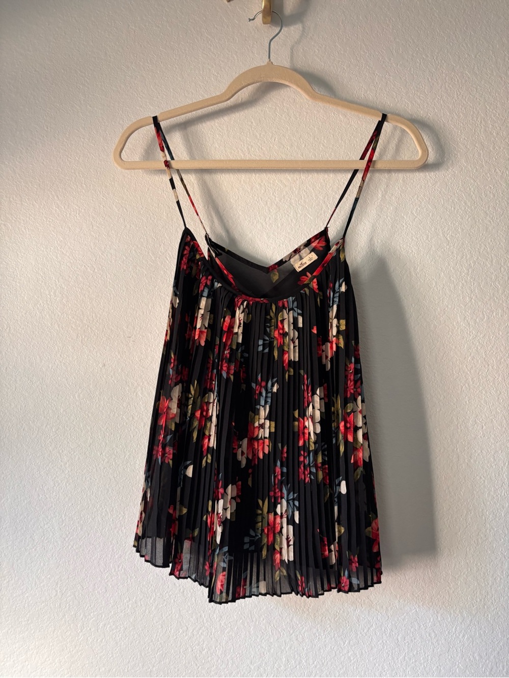 Hollister Black Pleated Floral Spaghetti Strap Camisole